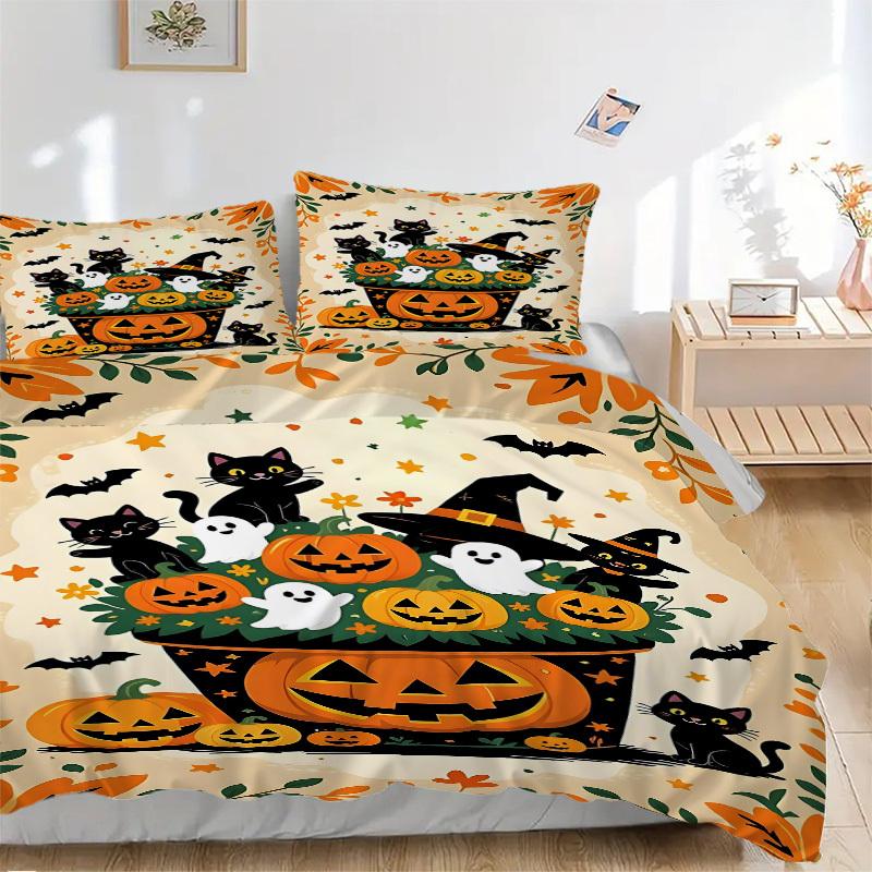 3pcs Halloween Decorations Bedding Set - 1 Duvet Cover + 2 Pillowcases(Core Not Included), Machine Washable Polyester yy251216131