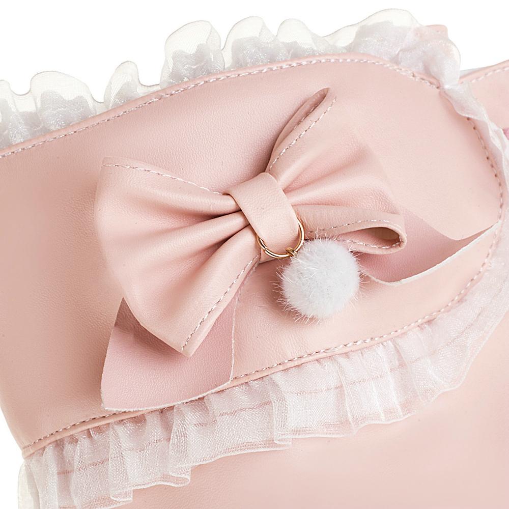 Модные туфли принцессы Лолиты для свадебной вечеринки на платформе с перекрещивающимися бантами белого и розового цвета на среднем каблуке с помпоном, женские с кружевным краем