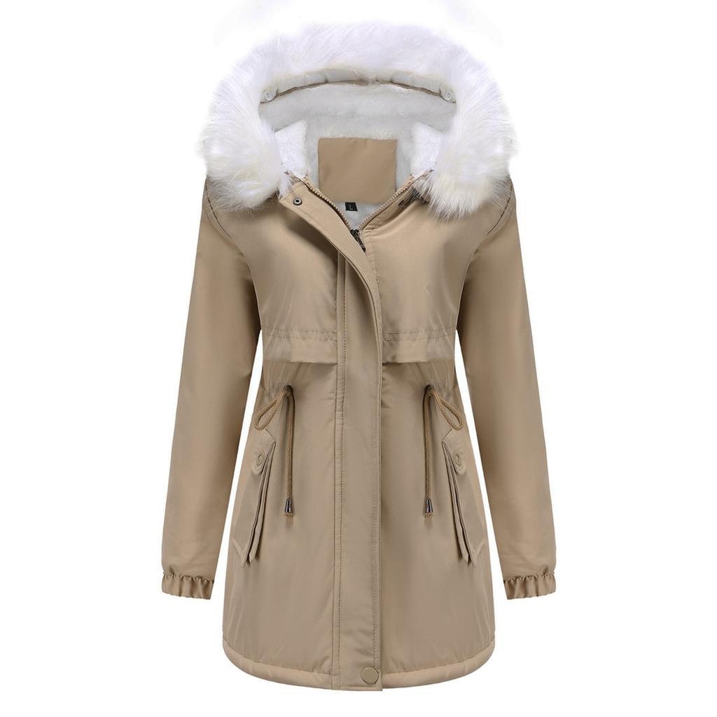 Women's Solid Color Hooded Warm Detachable Wool Collar Long Sleeved Cotton Jacket