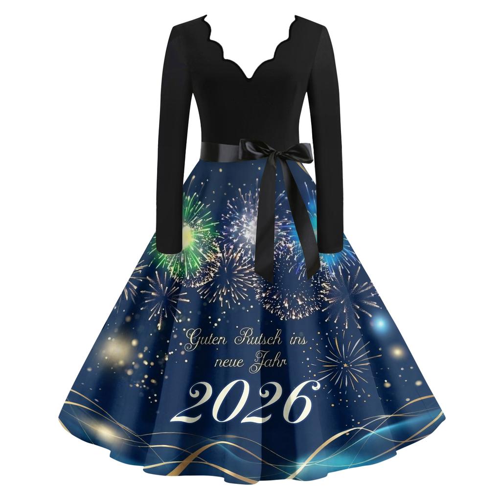 Женское повседневное модное платье винтажного стиля с V-образным вырезом и новогодним принтом