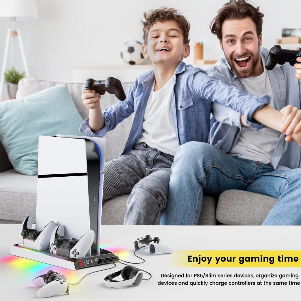 PS5 Slim PS5 Slim Vertical Cooling Stand with 3 Adjustable Air PS5 Controller 2 Controllers Simultaneously Charging Indicator Compatible with Both the
