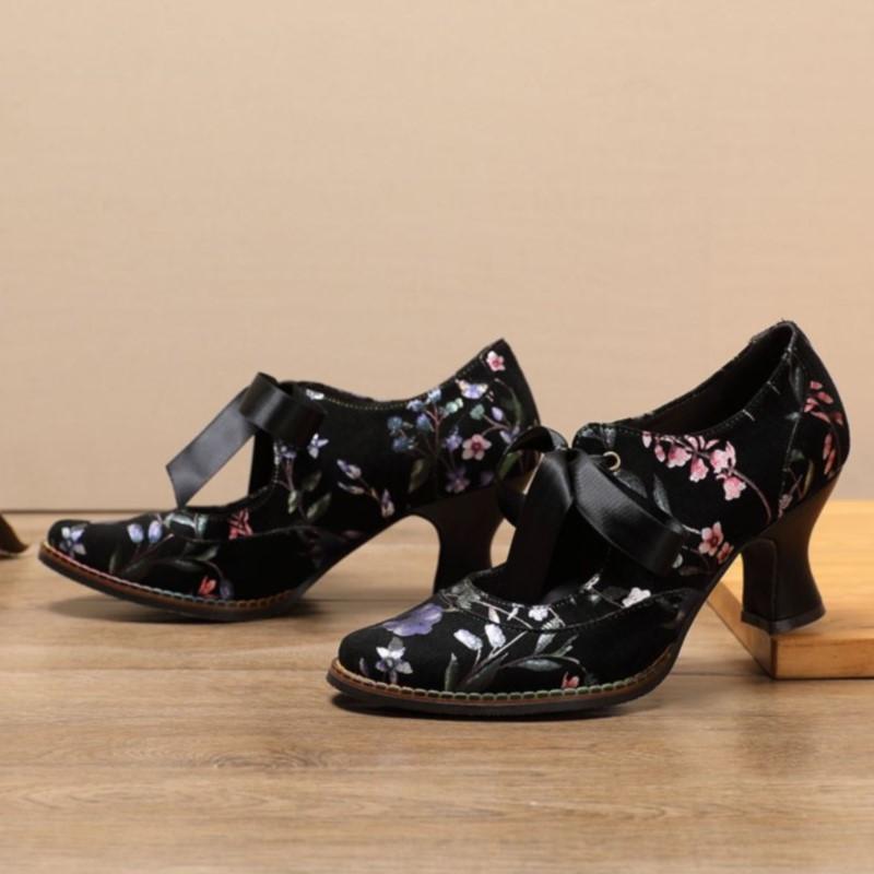 Johnature Женская обувь, весенние туфли-лодочки в стиле ретро, ​​женские туфли ручной работы на высоком каблуке с круглым носком, со шнуровкой и милым принтом