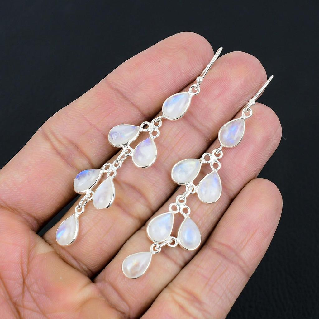 Серьги из натурального радужного лунного камня, твердые серьги из стерлингового серебра 925 пробы, серьги ручной работы, ювелирные изделия, подарок для женщин и девочек, E-589