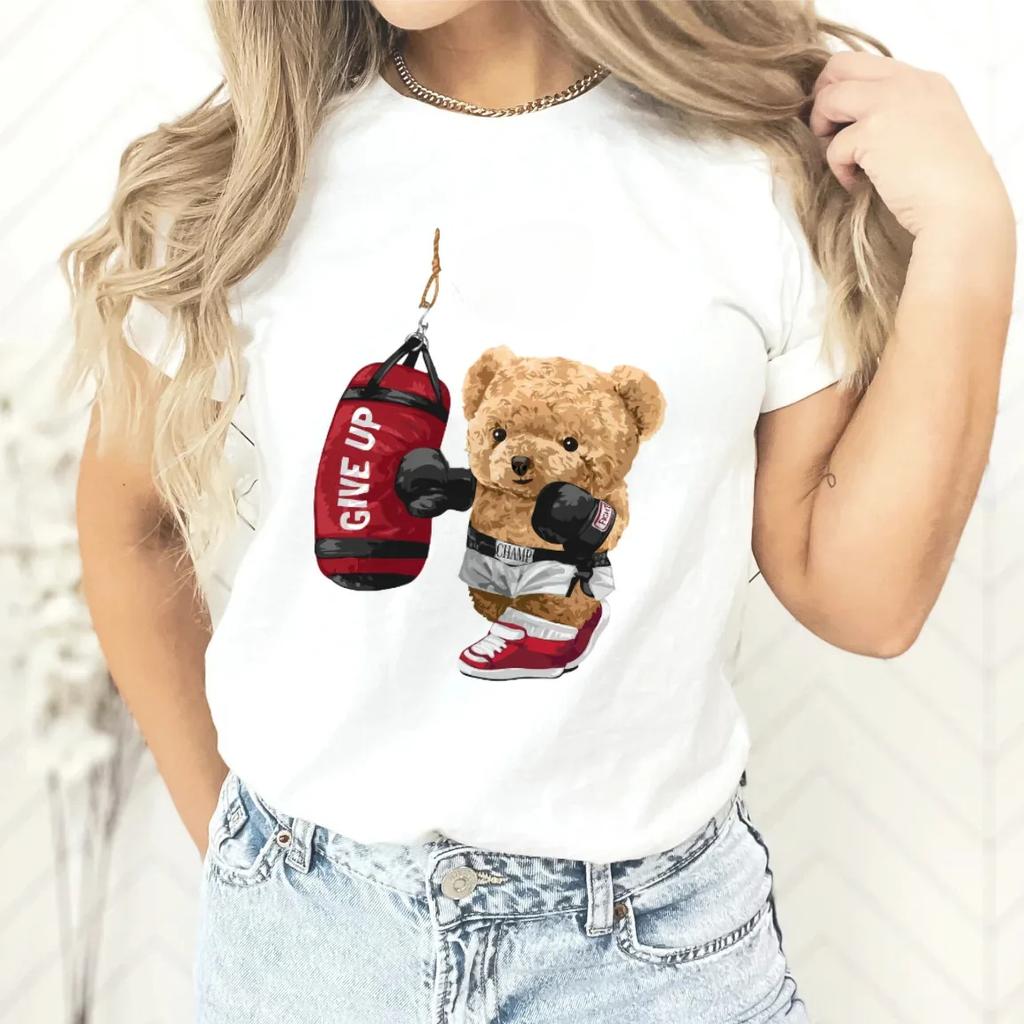 Летний топ с круглым вырезом и принтом в виде плюшевого мишки, модная повседневная женская футболка с коротким рукавом из чистого хлопка