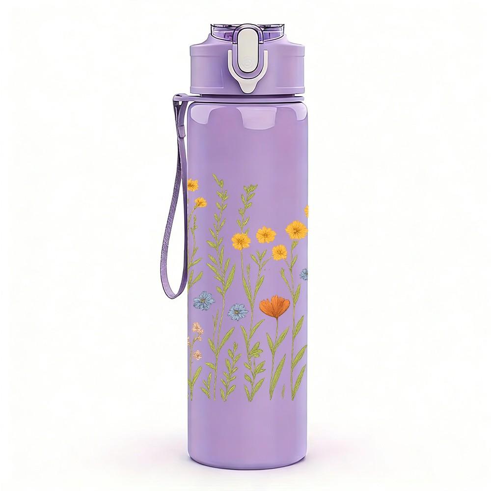 1PC Wild Daisy Meadow Floral Print 750ml Color Plastic Sports Water Bottle Leakproof Flip Straw Lid Suitable for Sports Office Home Use