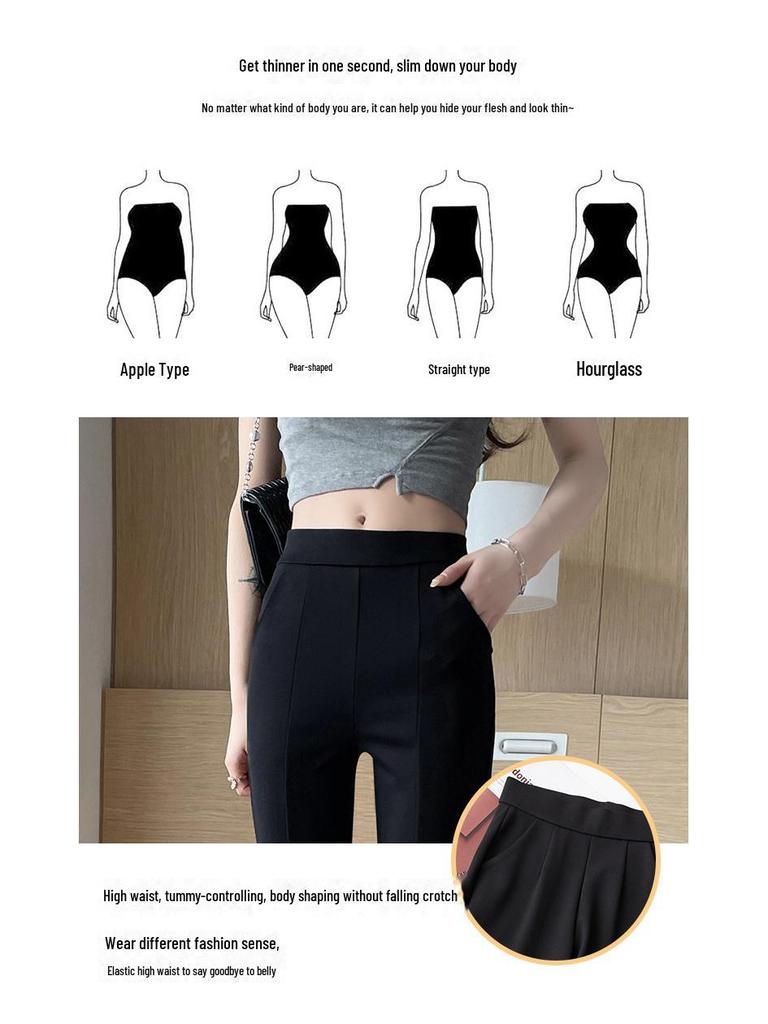 Черные расклешенные брюки с высокой талией для женщин - утягивающие, весна/осень, большие размеры, легкий дизайн с разрезом спереди