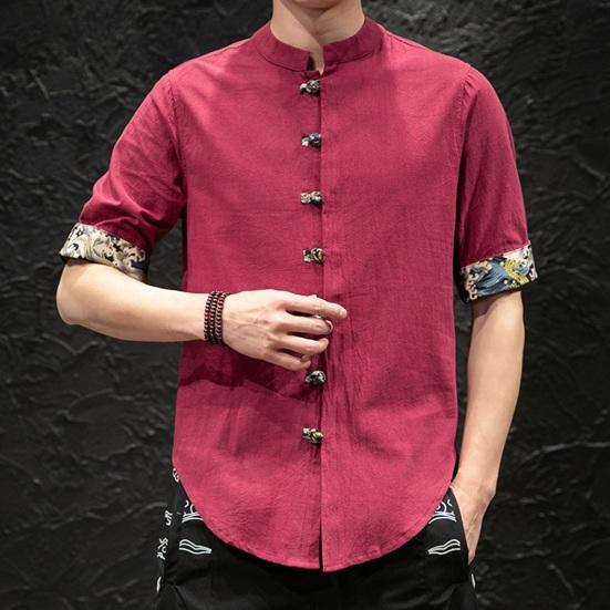 Мужская весенняя рубашка в китайском стиле с воротником-стойкой и принтом на манжетах с коротким рукавом, сплошной цвет, однобортный узел, пуговицы, неровный подол, кардиган средней длины, топ