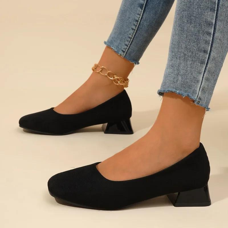 Ladies Shoes 2024 New Slip On Women's Pumps Autumn Square Toe Suede Solid Outdoor Casual Chunky Heels Shallow Large Size Shoes