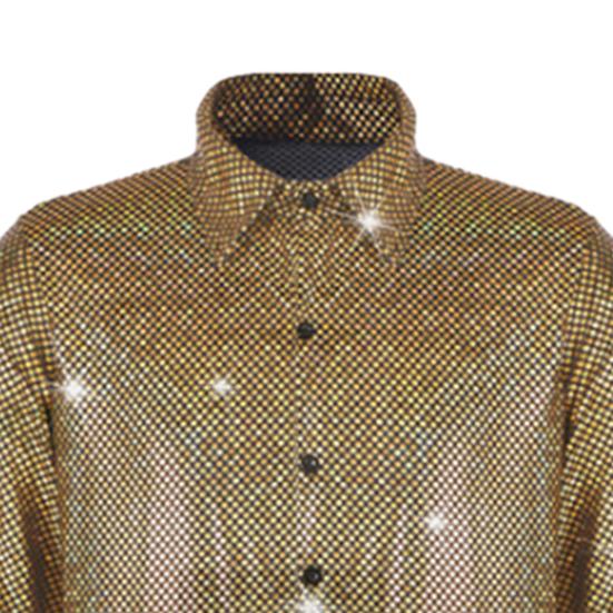 Мужская рубашка для выступлений с блестящей поверхностью и отложным воротником, однобортная рубашка с длинными рукавами и пуговицами, атласная рубашка для клубной вечеринки, дискотека, сценическое шоу