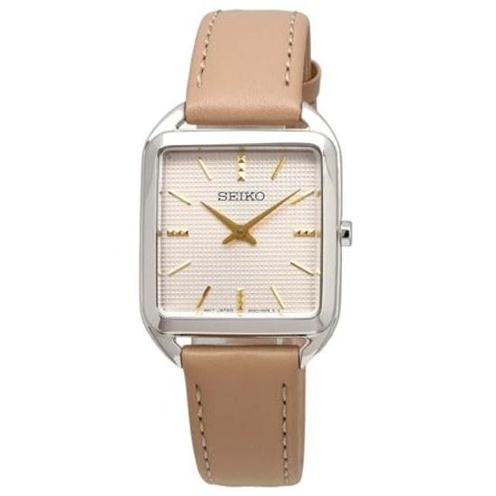 SEIKO кварцевые наручные часы женские квадратный дизайн SWR089P1 серебристый бежевый кожаный ремешок