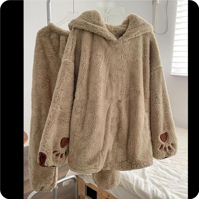 Little Brown Bear Coral Fleece Hooded Pajamas Suit Women's Autumn and Winter Plus Velvet Thickening To Keep Warm Can Be Worn Outside Home Service