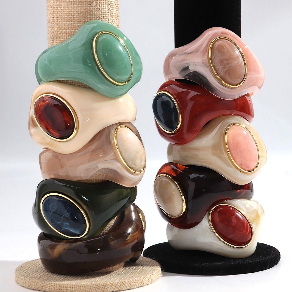 Stone Inlay Wide Bangle Oval Chunky Bracelet New Irregular Resin Bracelet Gifts