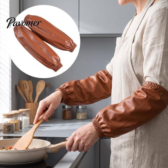 Reusable PU Sleeve Covers 1 Pair Waterproof Leather Sleeves, Unisex Oil-Resistant Protective Arm Covers, Easy Clean Sleeves to Non-Slip Adjustable