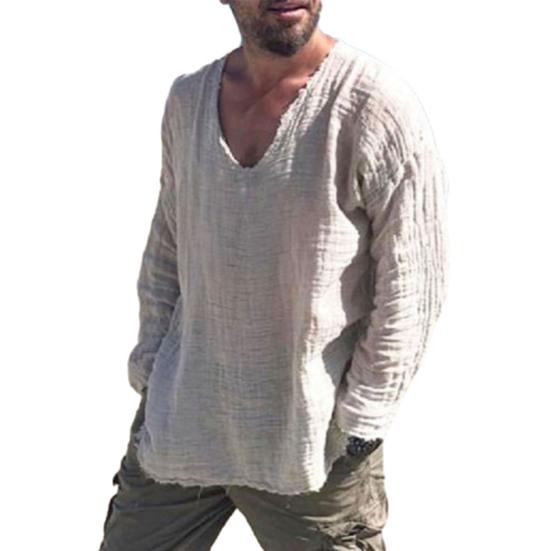 Мужская повседневная рубашка с v-образным вырезом и длинным рукавом, топы с заусенцами, плиссированные однотонные свободные тонкие пуловеры, уличная одежда