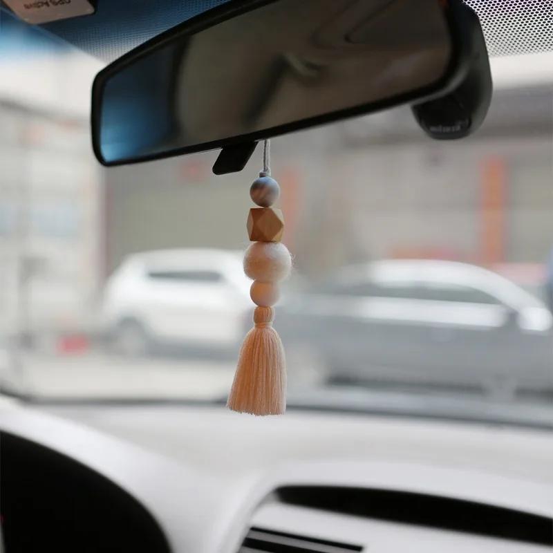 Car Interior Freshener Diffuser Fragrance Wooden Beads Felt Balls Cotton Thread Tassels Creative Handwoven Car Accessories