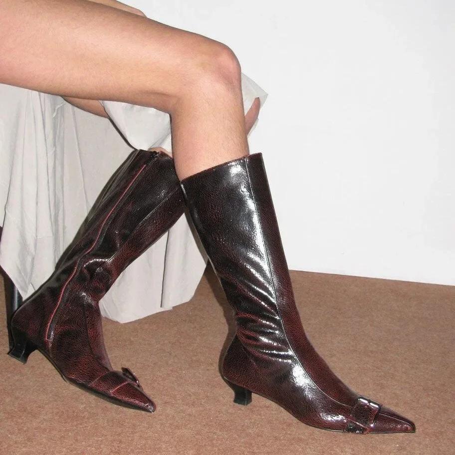 Дизайнерские Зимние Женские Высокие Сапоги Модные Сапоги с Острым Носком Длинные Сапоги Обувь Женские Элегантные Изысканные Женские Ботильоны в Рыцарском Стиле