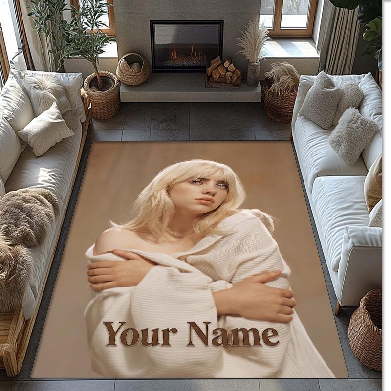 Billie Eilish Crystal Velvet Rug, Custom Name Text Personalized Non‑Slip Floor Mat for Home Decor Gift