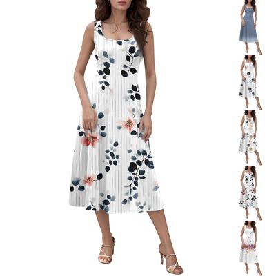 Женское повседневное модное платье миди с круглым вырезом без рукавов и боковыми карманами