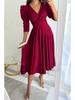 Лето 2025 Однотонное платье-свинг с V-образным вырезом, завязкой на талии и рукавами-буфами для работы