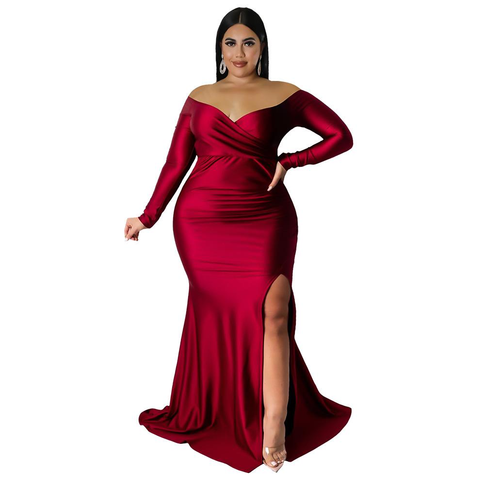 Spring and Autumn Women's Dress Plus Size Sexy Dress V-Neck Ceremony Dress Solid Color Split Long Dresses