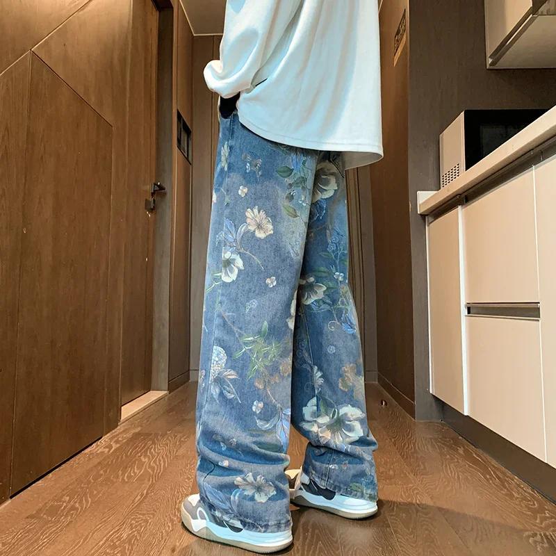 Осенние джинсы с цветочным принтом для мужчин Y2K Vintage Denim Брюки хип-хоп мода Широкие мешковатые джинсы Уличные брюки