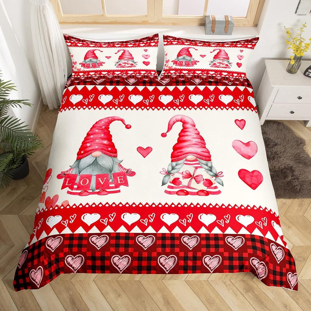 День святого Валентина King Пододеяльник Романтический комплект постельного белья Kawaii Парочка Гном Одеяло Чехол Розовые розы Сердца Полиэстер Одеяло Чехол