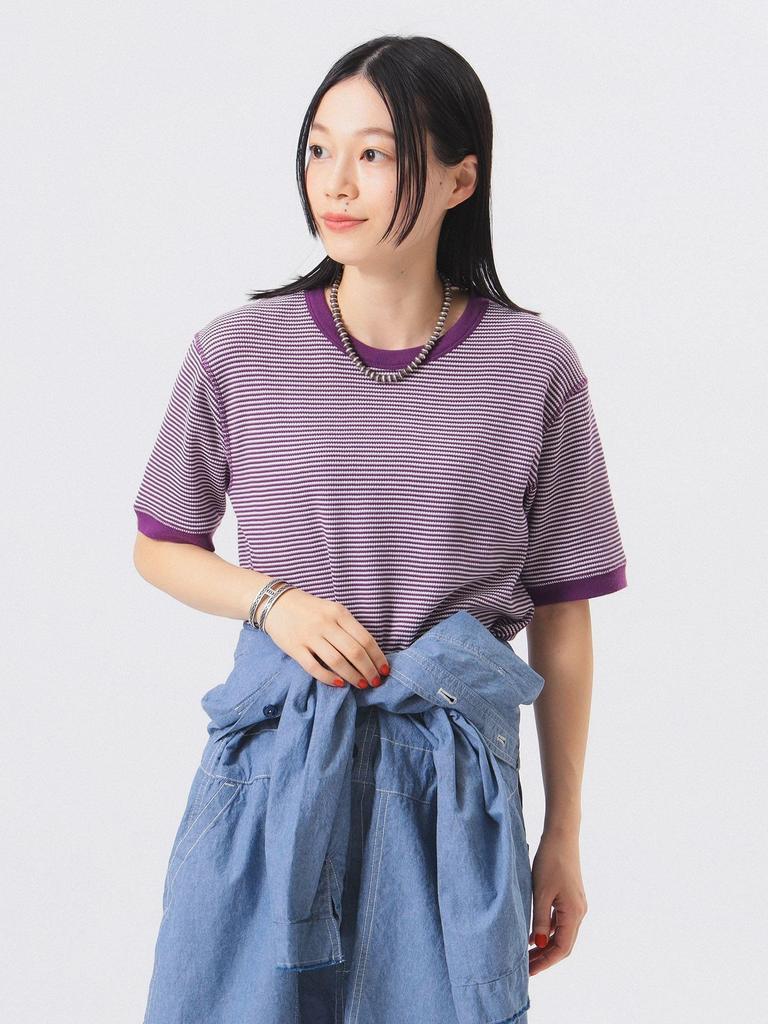 Beams Boy S/S TEE [Special Order] Healthknit Waffle Striped T-Shirt, Women's, Purple/Off-White