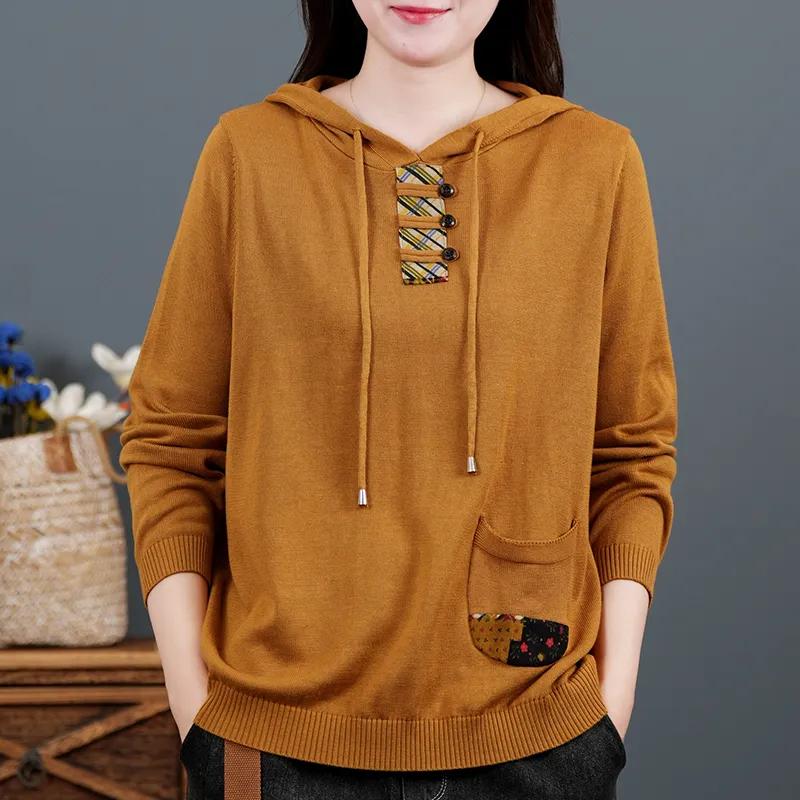 Retro Cotton Long-sleeved Sweater Women's Spring and Autumn Hooded Sweater Loose Sweater