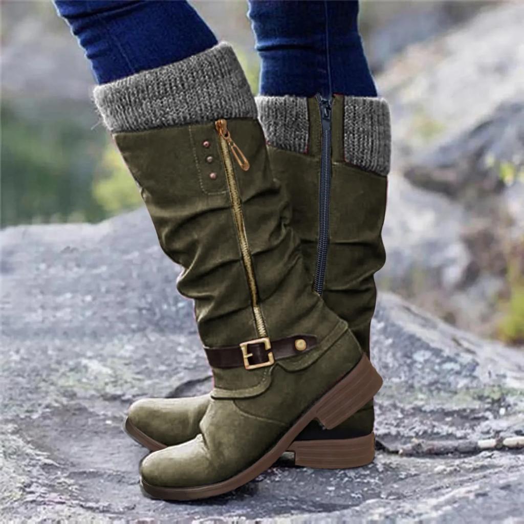 Women's Fall and Winter Mid-length Non-slip Wear-resistant Chunky Boots Splicing Temperament Side Zipper Boots