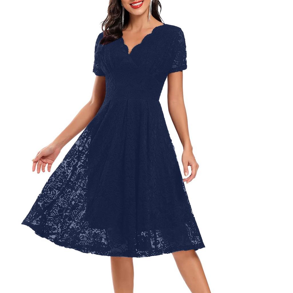 Ladies Solid Color V-neck Mid-length Lace Swing Dress