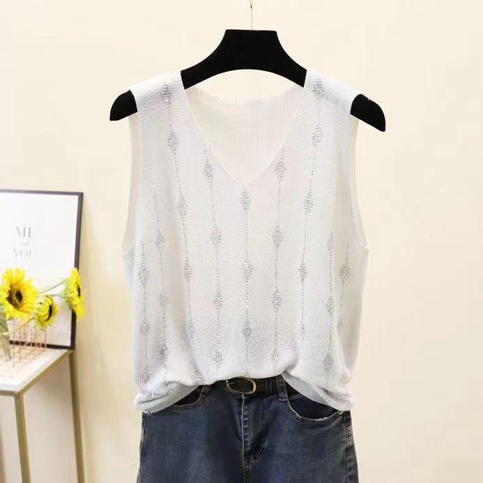 2023 Блестящий шелковый женский жилет без рукавов с V-образным вырезом - Новый стиль весна/лето, свободный крой с вязаным дизайном на бретелях с горячими бриллиантами