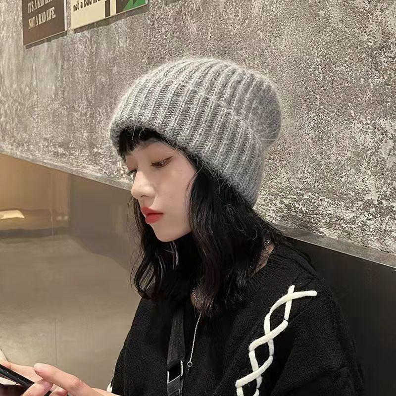 Hat Winter New Knitted Wool Hat Female Japanese Autumn and Winter Ear Protection Warm Pile of Hats Solid Color Caps for Women