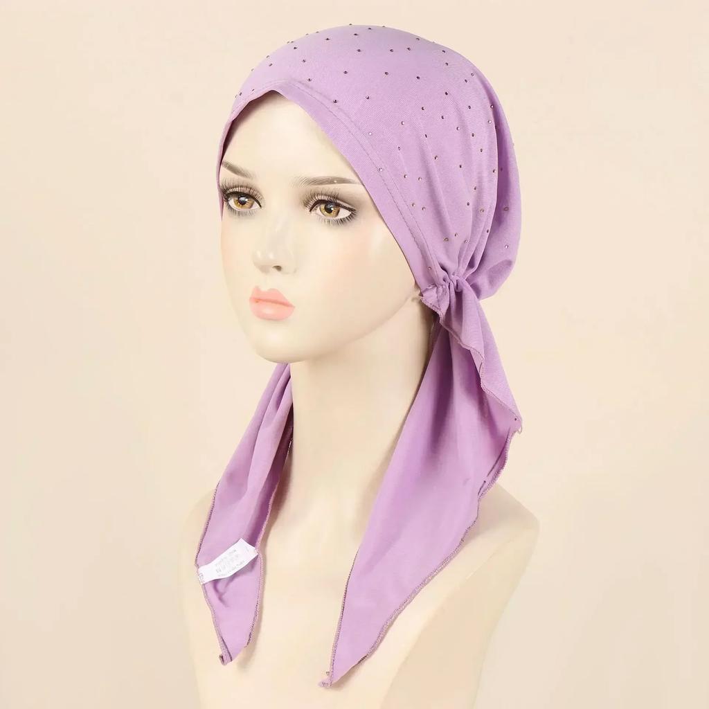 New Shimmer Pre-Tied Hat Women Muslim Hijab Turban Long Tail Headscarf Beanies Bonnet Hair Loss Chemo Cap Head Wrap Bandanas