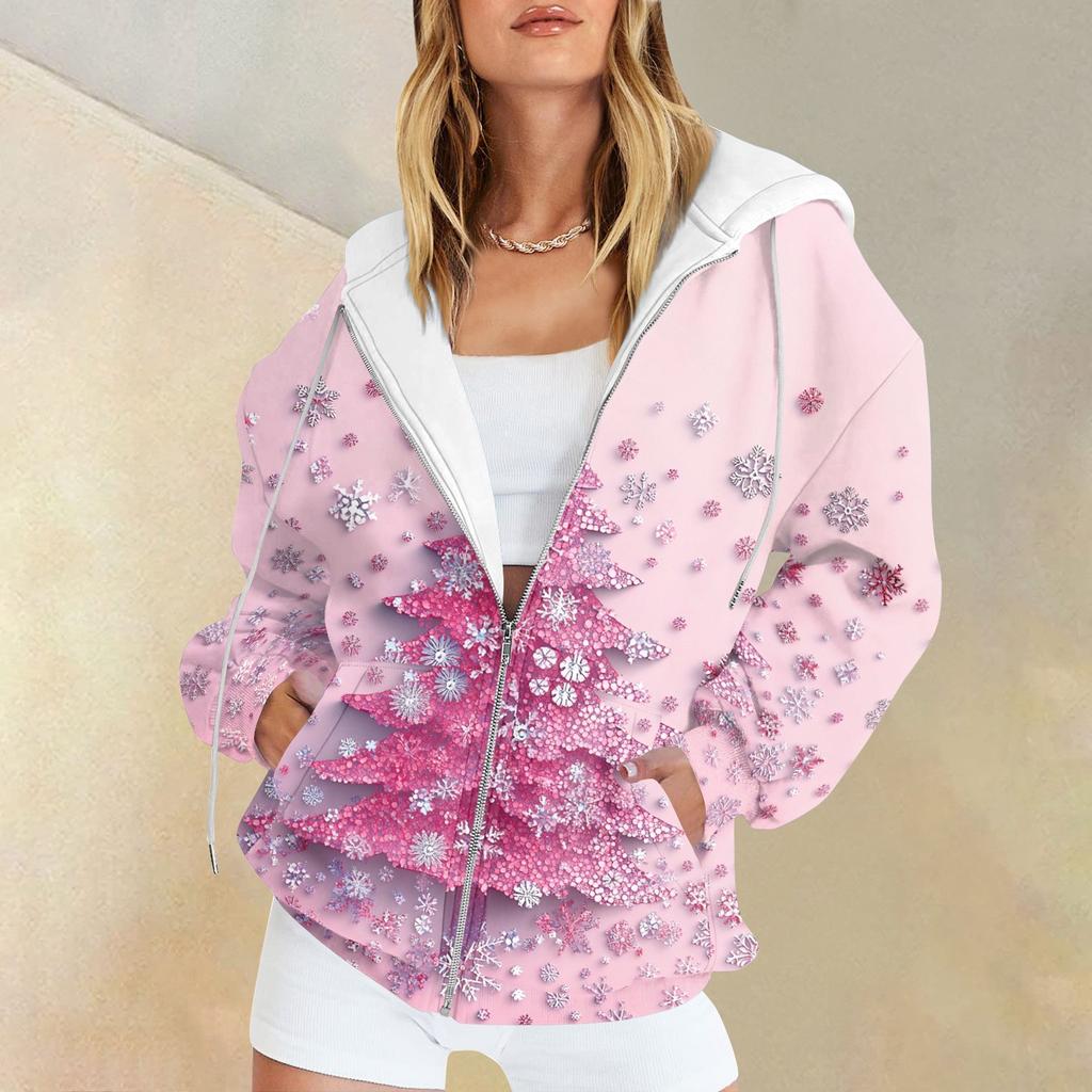 Женская мода повседневная рождественская принтовая толстовка зимняя с длинным рукавом кардиган куртка с карманом на молнии толстовка с капюшоном куртка