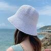 Women Summer Solid Color Woven Straw Bucket Sun Hat Foldable Wide Brim Hollow Breathable Sunscreen Beach Hat
