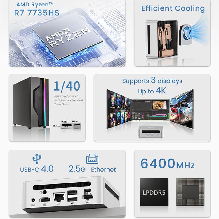 GenMachine R7-7735H USB4 Высокопроизводительный Мини-ПК с 2.5G Ethernet - Металлический, для Игр и Офиса.