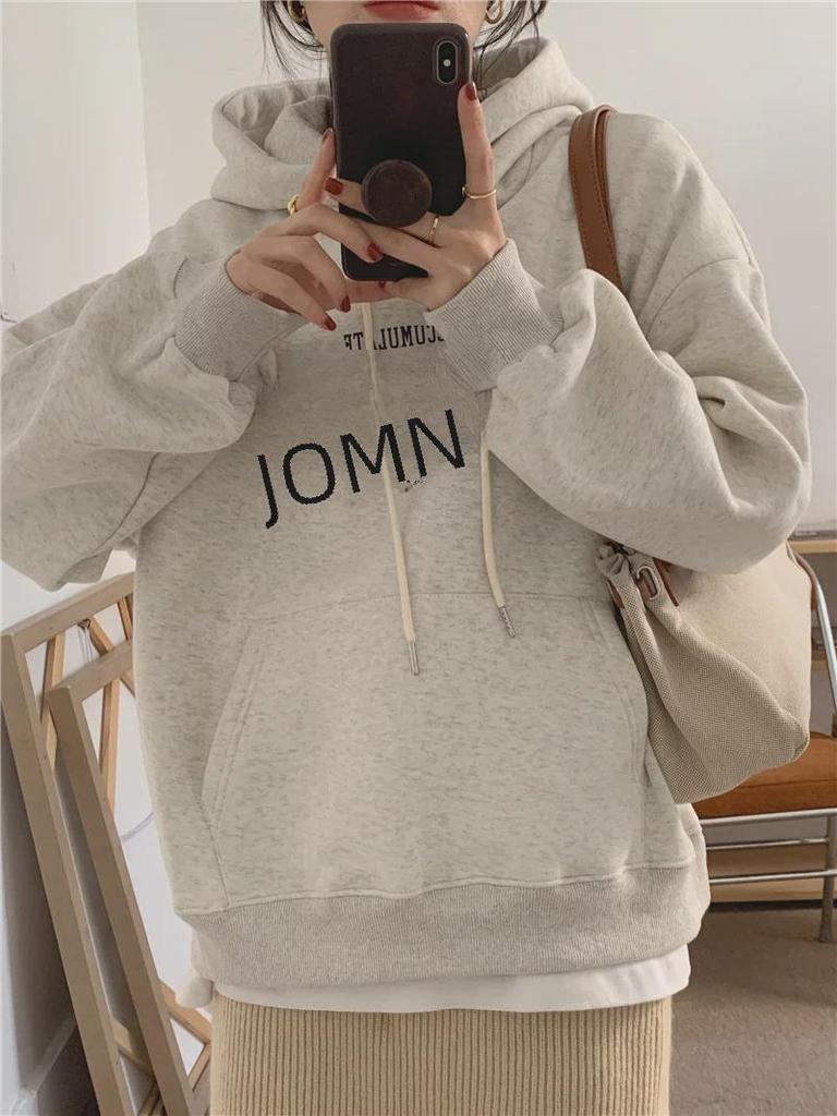 Women's Plush Hooded Sweatshirt – Loose Fit, Letter Print, Trendy Korean Style for Autumn/Winter