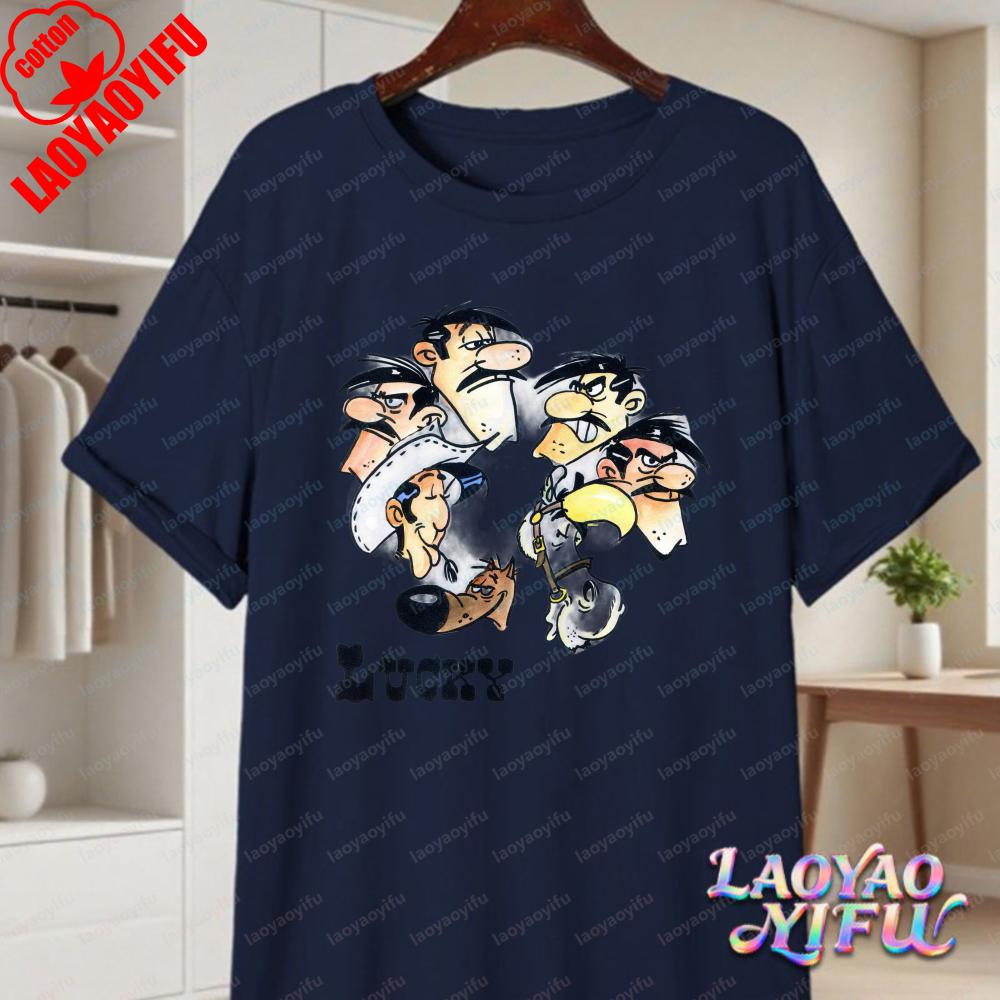 Lucky Luke Full Cast Print Casual Tops Playful Western Cartoon Cotton Tee Funny Vintage Classic Anime Shirt Trend Unisexs Clothing