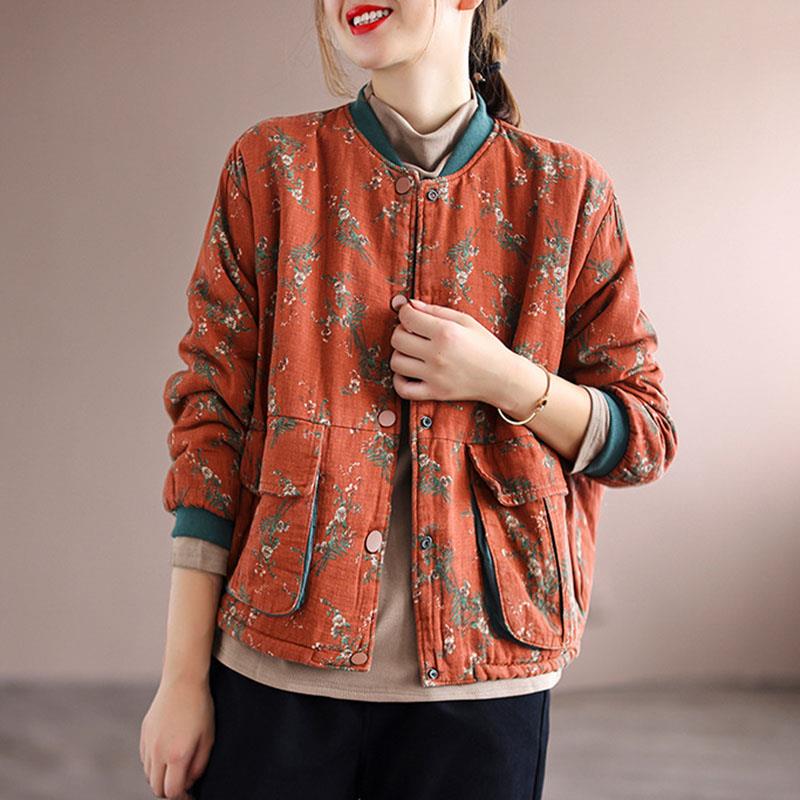 Johnature Women Vintage Stand Loose Print Floral Jacket Long Sleeve Padded Coats Winter Chinese Style Coat