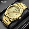 Men's New Quartz Watch Fashion Golden Analog Waterproof Wristwatch with Calendar Luminous Hands Stainless Steel Strap
