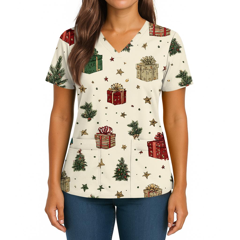 Женский топ с рождественским принтом, V-образным вырезом, двумя карманами, короткими рукавами, разрезом по подолу, униформа и одежда для ухода