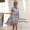 Women's Summer Ethnic Printed Short Sleeve High Waist A Line Lace Up Dress
