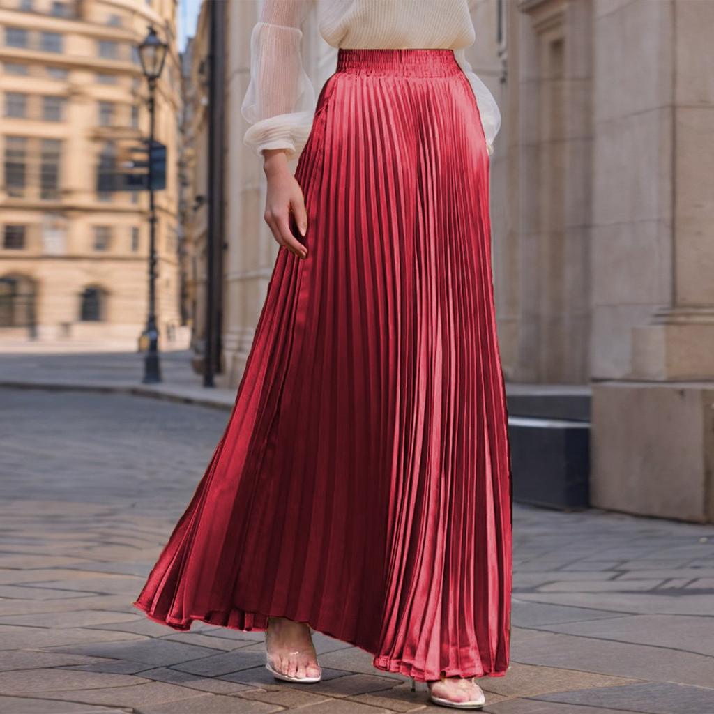 Women's Casual Pleated Solid Color Half Skirt, Pleated A-line Skirt, Large Swing Floor-length Skirt