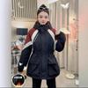 Skinny waist thickened cotton clothes, autumn and winter medium and long large pockets splicing color hooded jacket cotton-padded clothes
