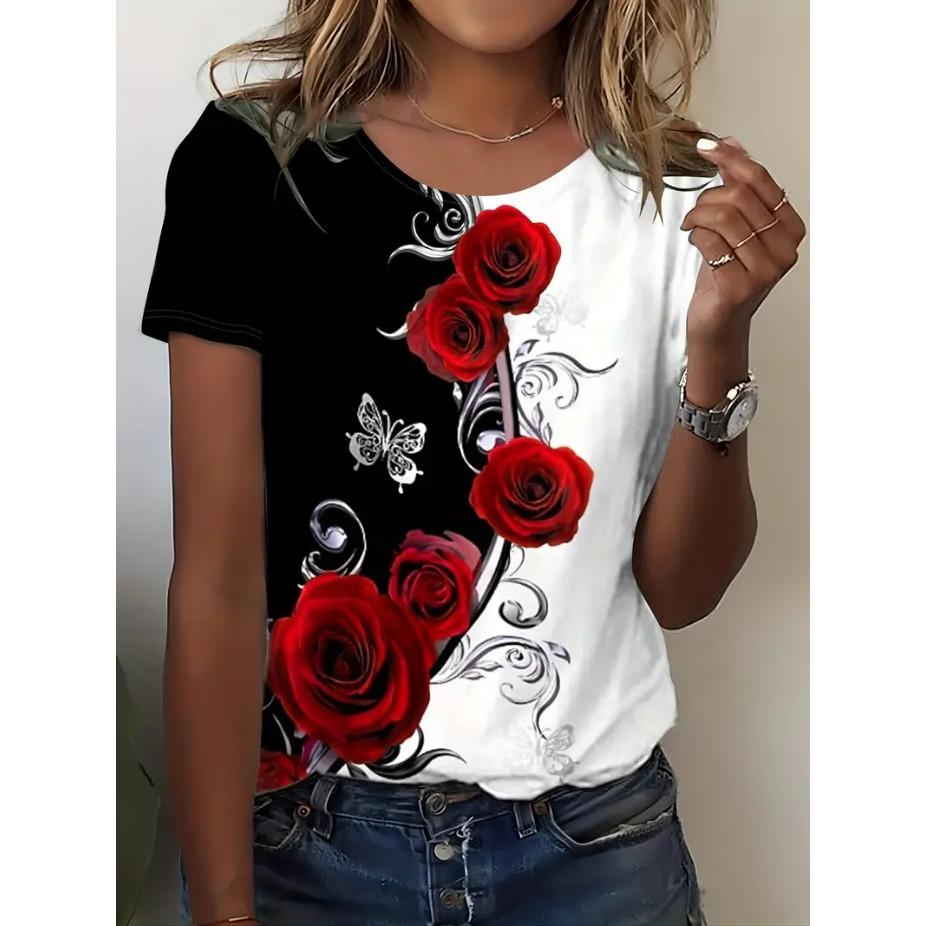 Ретро футболка с принтом роз, круглым вырезом и короткими рукавами для женщин, дышащий полиэстер, эластичная, удобная для повседневной носки