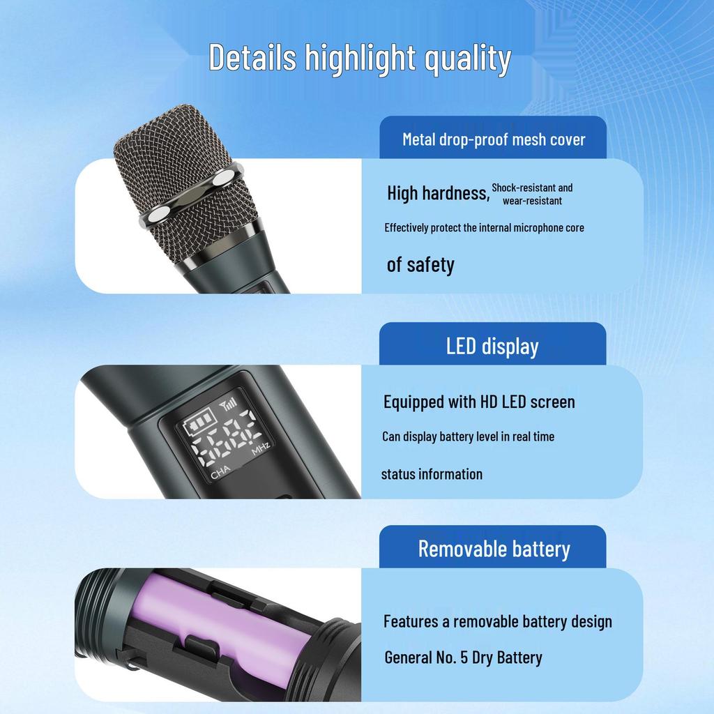 Dual Wireless UHF Handheld Microphone with Noise Reduction for KTV, Stage, Wedding Performances