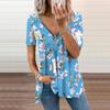 Women's Top Summer New Fashion Blue Peach Blossom Printed Casual Zipper V-neck Short Sleeve Top