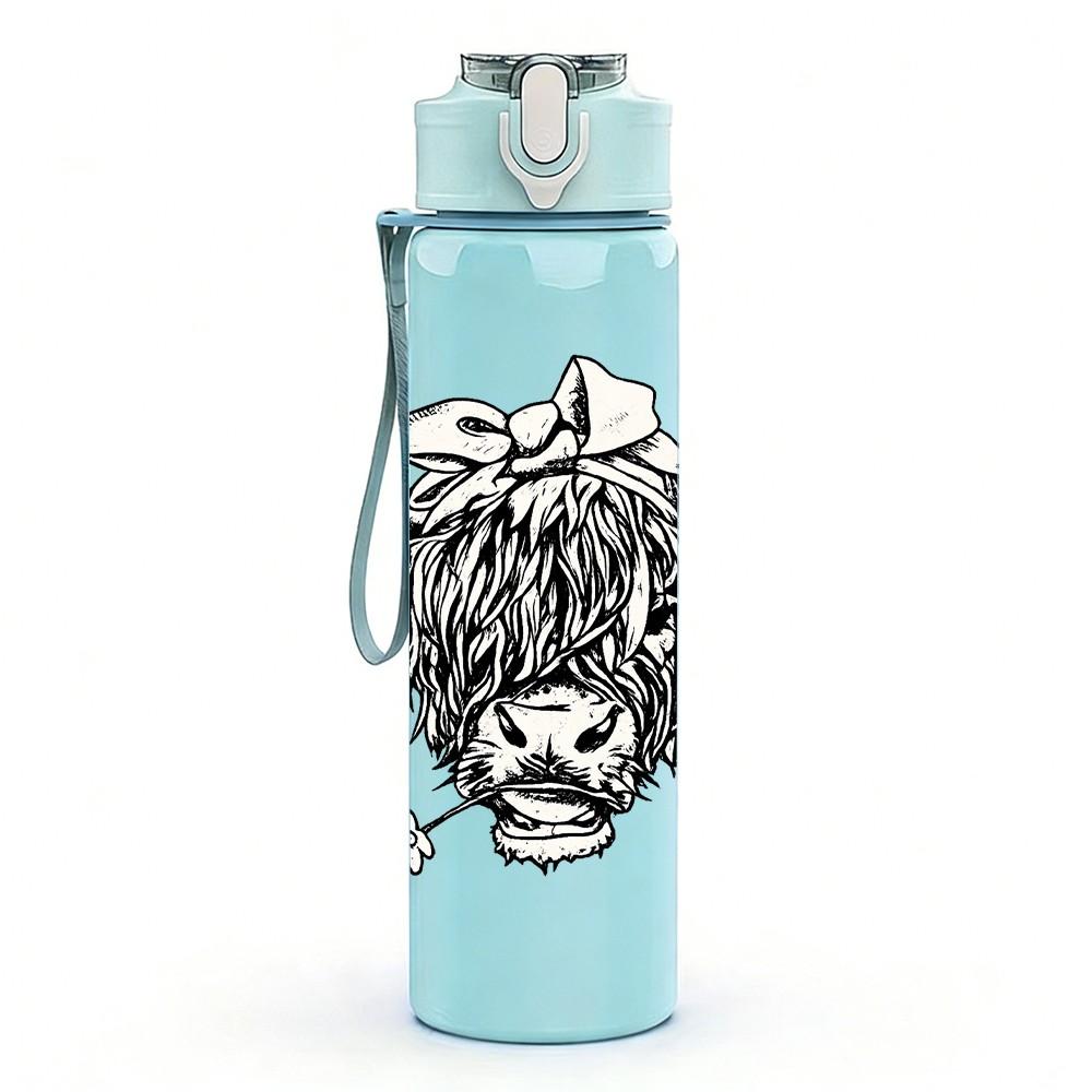 1PC Bull Cow Black Sketch Animal Print 750ml Color Plastic Sports Water Bottle Leakproof Flip Straw Lid Suitable for Sports Office Home Use