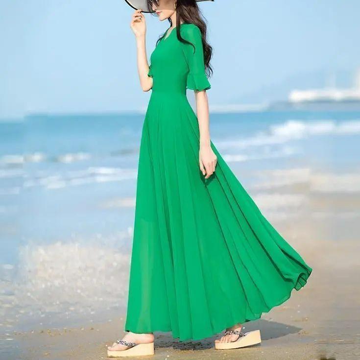 Летняя мода Новое корейское простое элегантное шифоновое платье средней длины Однотонное V-образный вырез Талия Молния Пэчворк Платья с рукавами-бабочками