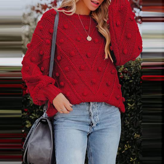 Women Sweater Tops Round Neck Long Sleeve Jacquard Decor Knitted Tops Solid Color Loose Fit Jumper